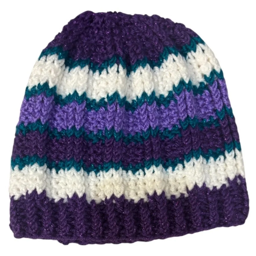 Handmade Crochet Beanie Set Winter Textured Sweater Knit Metallic Purple Aqua